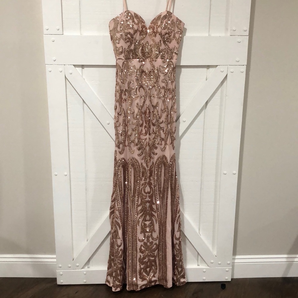 Lulu’s Small Rose Gold Sequin Strapless Gown